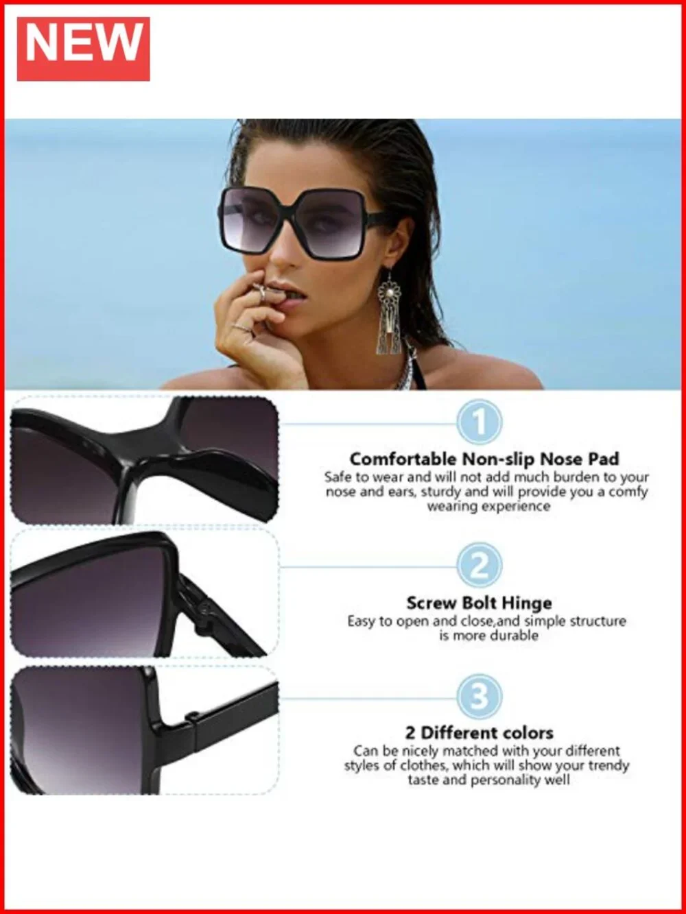 2 Oversized Square Sunglasses Women Wide Frame Shades UV Protection Chic